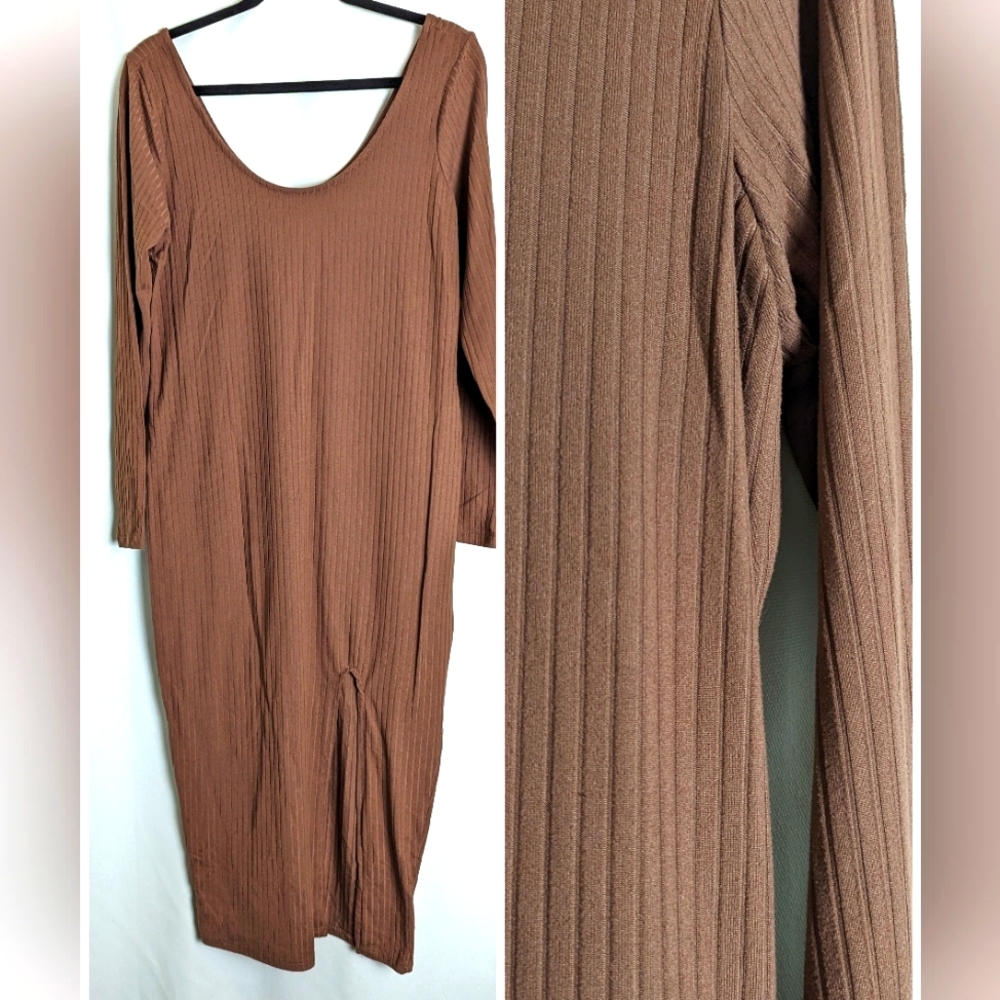 Caramel Brown Fitted Midi Dress with front Split - Picture 2 of 5